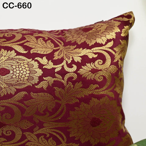Maroon Gold Brocade Silk Cushion Cover, Luxury Decorative Throw Pillow Case, Indian Brocade Floral Accent Pillow for Sofa, Bed & Living Room