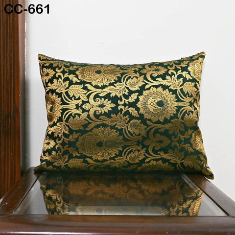 Brocade Silk Cushion Cover, Luxury Decorative Green & Gold Throw Pillow Case, Indian Brocade Floral Accent Pillow for Sofa, Bed Living Room