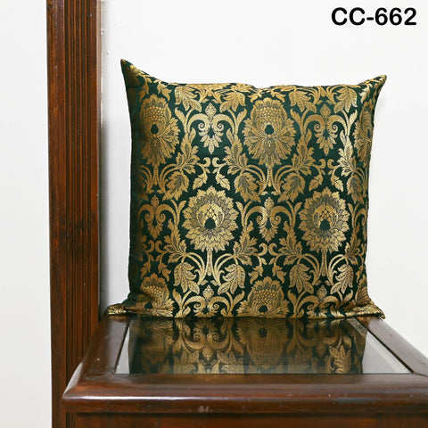 Green Brocade Cushion Cover – Luxury Silk Gold Throw Pillow Case – Decorative Indian Brocade Sofa Pillow for Festive / Wedding Home Décor