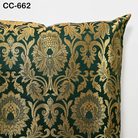 Green Brocade Cushion Cover – Luxury Silk Gold Throw Pillow Case – Decorative Indian Brocade Sofa Pillow for Festive / Wedding Home Décor