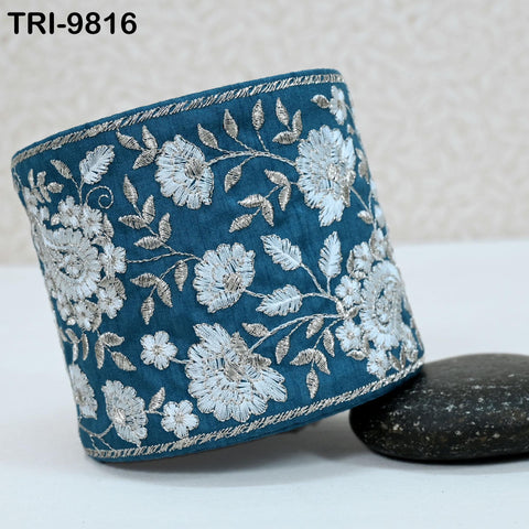 9 Yard Teal Embroidery Trim Indian Embroidered Ribbon Laces Fabric Sari Border Crafting Saree Sewing Embellishment Costumes Trimmings 10 cm