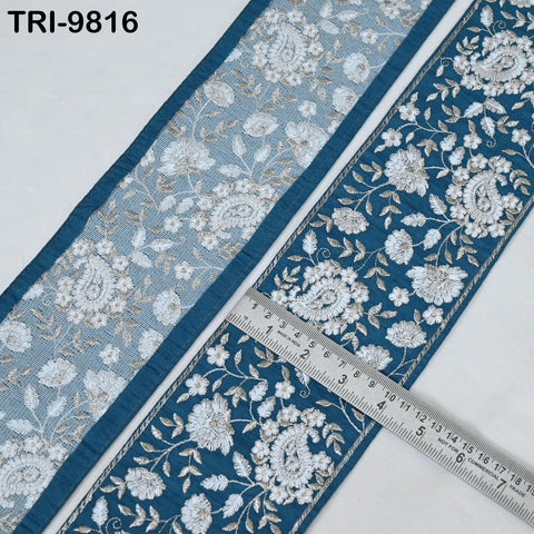 9 Yard Teal Embroidery Trim Indian Embroidered Ribbon Laces Fabric Sari Border Crafting Saree Sewing Embellishment Costumes Trimmings 10 cm