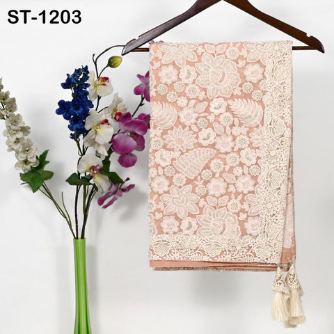 Peach Embroidered Dupatta Women Embroidery Georgette Chunni Bridal Veil Lehenga Wrap Stole Festival Wedding Punjabi Dress Chunri 2.4 Yard