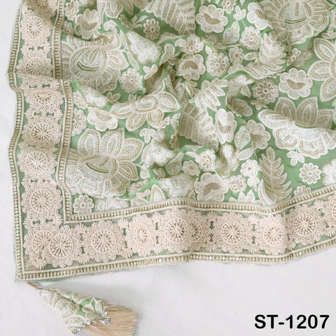 Mint Embroidered Dupatta Women Embroidery Georgette Chunni Bridal Veil Lehenga Wrap Stole Festival Wedding Punjabi Chunri Indian Attire