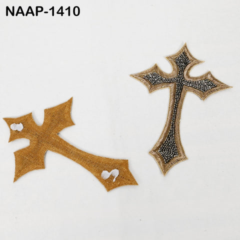 2 Pcs Grey Zari Embroidered Cross Appliques | Handcrafted Religious Patches | Sew-On Embellishment Vestments, Church Decor, Costumes, Crafts