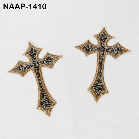 2 Pcs Grey Zari Embroidered Cross Appliques | Handcrafted Religious Patches | Sew-On Embellishment Vestments, Church Decor, Costumes, Crafts