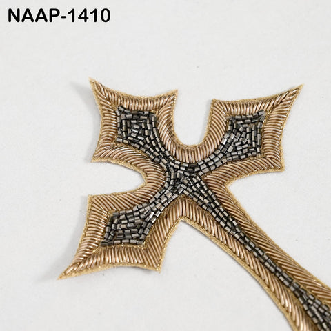 2 Pcs Grey Zari Embroidered Cross Appliques | Handcrafted Religious Patches | Sew-On Embellishment Vestments, Church Decor, Costumes, Crafts