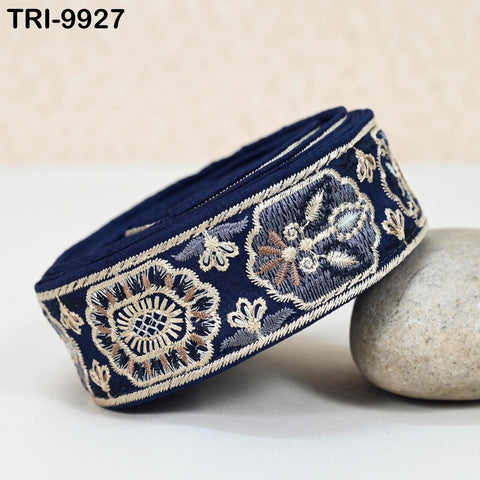 9 Yard Blue 4 cm Embroidery Trims Ribbon Indian Sari Border Embroidered Crafting Sewing Costume Tote Bags Tablecloth Lampshade Home Decor