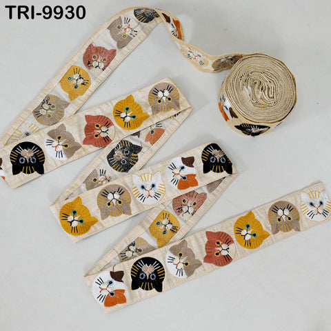 9 Yard Indian 56mm Cat Embroidery Ribbon for Kids Crafting Sewing Costumes Dog Collars, Tote Bags, Holiday Decor Embroidered Embellishments