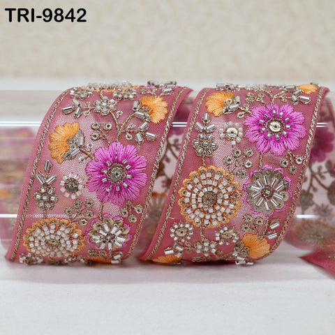 9 Yard Pink Embroidery Ribbon Beaded Trims Sari Border DIY Craft Lampshade Regency Reticules Victorian Handbags Junk Journal 5cm Indian