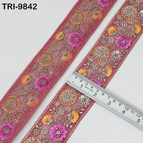 9 Yard Pink Embroidery Ribbon Beaded Trims Sari Border DIY Craft Lampshade Regency Reticules Victorian Handbags Junk Journal 5cm Indian