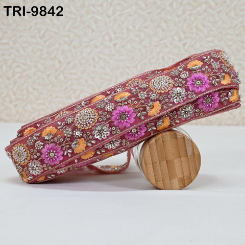 9 Yard Pink Embroidery Ribbon Beaded Trims Sari Border DIY Craft Lampshade Regency Reticules Victorian Handbags Junk Journal 5cm Indian