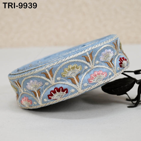 9 Yard Sky Blue 4 cm Embroidery Trim Ribbon Indian Sari Border Embroidered Crafting Sewing Costume Tote Bags Tablecloth Lampshade Home Decor