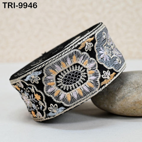 3 Yard Black Indian Sari Border Embroidered Crafting Sewing Costume Tote Bags Tablecloth Lampshade Home Decor Ribbons 5 cm Embroidery Trims