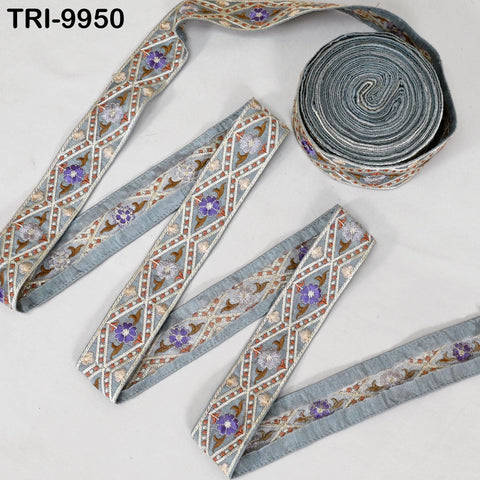9 Yard Grey 4 cm Embroidery Trims Ribbon Indian Sari Border Embroidered Crafting Sewing Costume Tote Bags Tablecloth Home Decor Lampshade