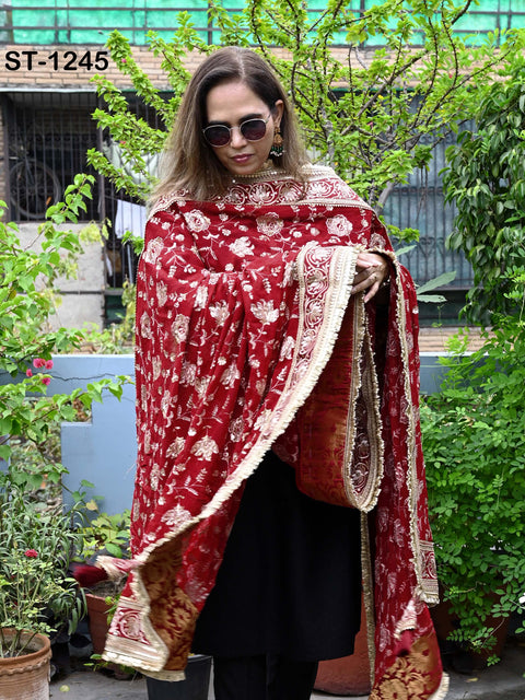 Maroon Georgette Designer Dupatta for women, Bridal Wedding lehenga Chunni/Veil Sequin Scarf Indian Ethnic Dress Stole Ideal Gift Bridesmaid