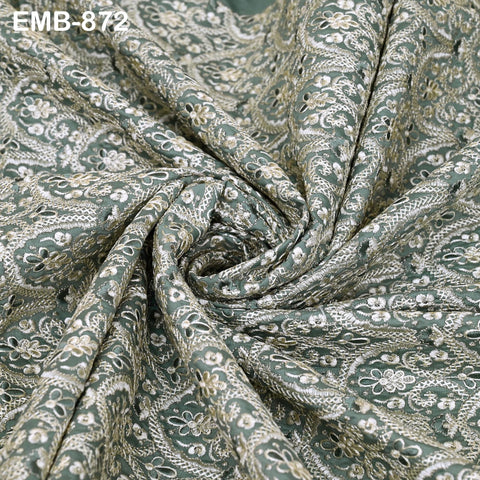 Green Embroidered Fabric by the yard Sewing Crafting Indian Embroidery Wedding Dress Blouses Blazer Victorian Costumes Cigarette Trousers