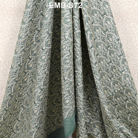 Green Embroidered Fabric by the yard Sewing Crafting Indian Embroidery Wedding Dress Blouses Blazer Victorian Costumes Cigarette Trousers