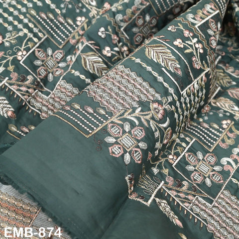 Green Embroidered Fabric by the yard Sewing Crafting Indian Embroidery Wedding Dress Blouses Blazer Victorian Costumes Cigarette Trousers