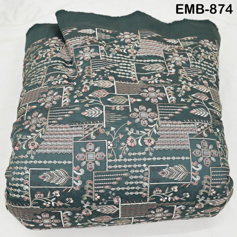 Green Embroidered Fabric by the yard Sewing Crafting Indian Embroidery Wedding Dress Blouses Blazer Victorian Costumes Cigarette Trousers