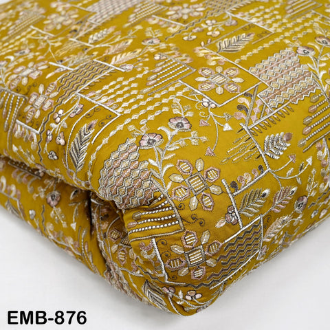 Yellow Embroidered Fabric by the yard Sewing Crafting Indian Embroidery Wedding Dress Blouses Blazer Victorian Costumes Cigarette Trousers