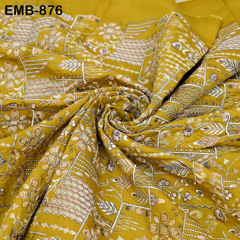 Yellow Embroidered Fabric by the yard Sewing Crafting Indian Embroidery Wedding Dress Blouses Blazer Victorian Costumes Cigarette Trousers