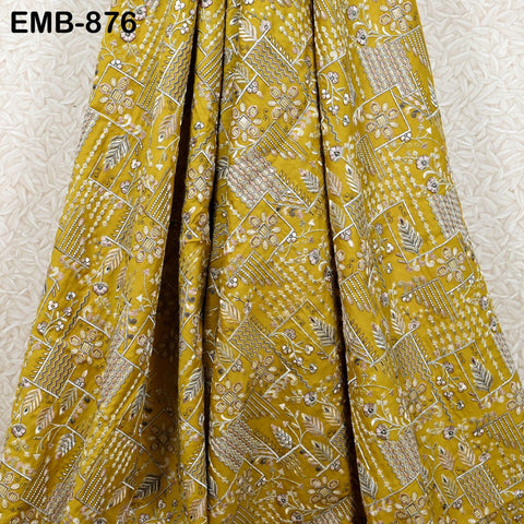 Yellow Embroidered Fabric by the yard Sewing Crafting Indian Embroidery Wedding Dress Blouses Blazer Victorian Costumes Cigarette Trousers