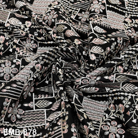 Dark Navy Blue Embroidered Fabric by the yard Sewing DIY Crafting Indian Embroidery Wedding Dress Blouses Blazer Victorian Costumes Trousers