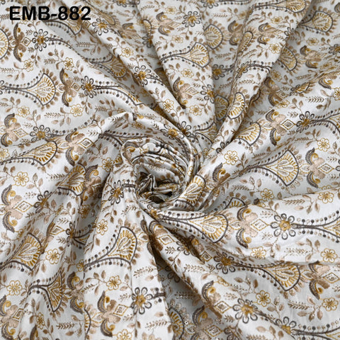 Beige Embroidered Fabric by the yard Sewing Crafting Indian Embroidery Dresses Costumes Regency Reticules Victorian Handbags Junk Journals