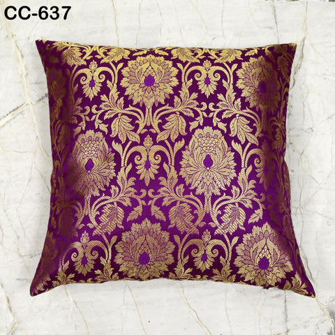 Purple Brocade Cushion Cover: Gold Floral Silk Pillow Sham