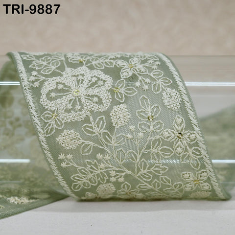 9 Yard Embroidery Ribbons Trim Embellishment Embroidered Saree Border Theatrical Costumes Crafting Sew Holidays Wreaths Decor Greenish Grey