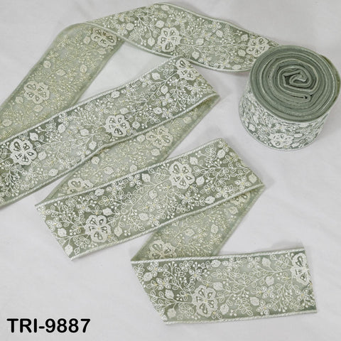 9 Yard Embroidery Ribbons Trim Embellishment Embroidered Saree Border Theatrical Costumes Crafting Sew Holidays Wreaths Decor Greenish Grey