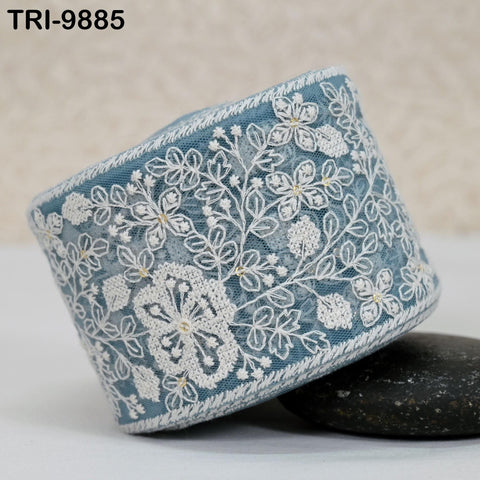 9 Yard Embroidery Ribbons Trim Embellishment Embroidered Saree Border Theatrical Costumes Crafting Sew Holidays Wreaths Decor Sky Blue
