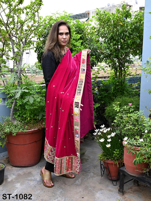 Velvet Shawl Magenta Designer Dupatta Vintage Hand Embroidered Border Gift Friend Indian Chunni Bridal Veil Lehenga Festival Punjabi Wedding