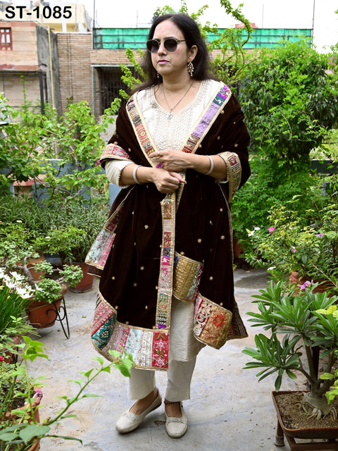Velvet Shawl Brown Designer Dupatta Vintage Hand Embroidered Border Gift Friend Indian Chunni Bridal Veil Lehenga Festival Punjabi Wedding