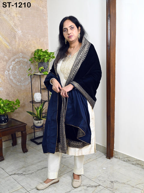 Navy Blue Velvet Shawl Dupatta Embroidery on edges Gift for Women Embroidered Chunni Bridal Veil Lehenga Embroidery Festival Punjabi Wedding