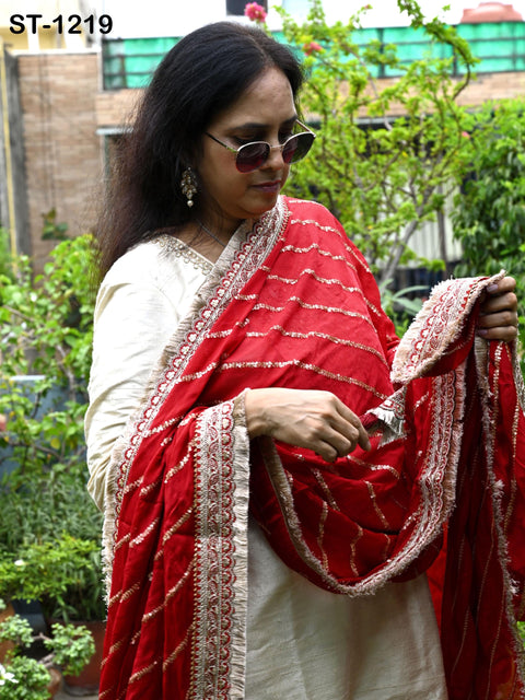 Deep Red Silk Chiffon Designer Dupatta for Women Bridal Wedding lehenga Chunni/Veil Sequin Scarf Indian Ethnic Attire Dress Stole Gift Mom