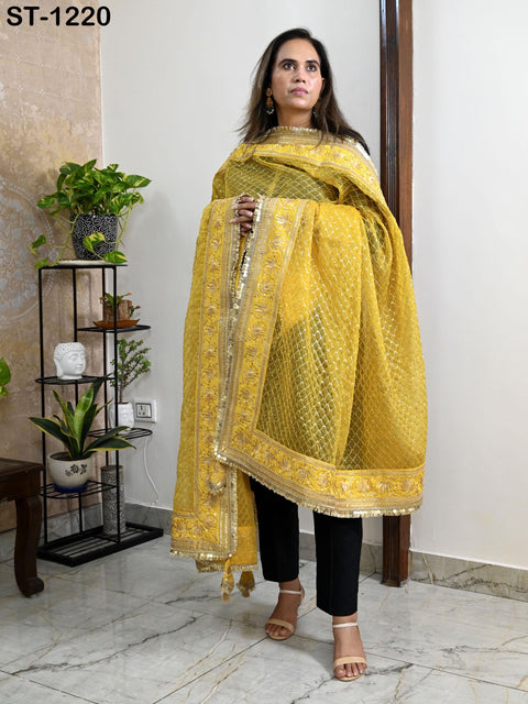 Yellow Organza Designer Dupatta for women, Bridal Wedding lehenga Chunni/Veil Beads Sequin Scarf Indian Ethnic Dress Stole Gift Bridesmaid