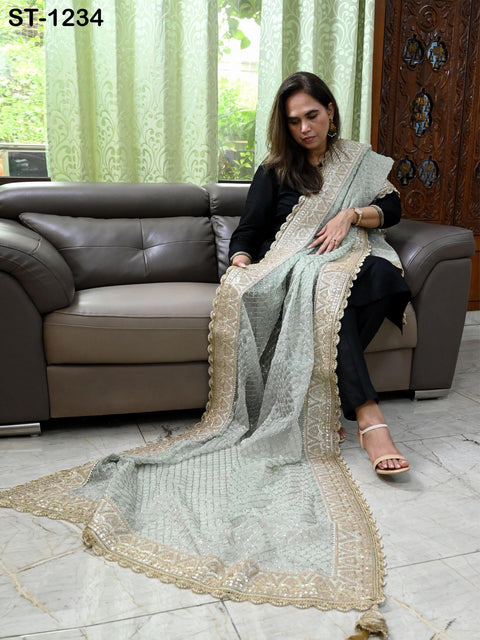 Mint Green Organza Designer Dupatta Women Bridal Wedding lehenga Chunni/Veil Beads Sequin Scarf Indian Ethnic Dress Stole Gift Bridesmaid