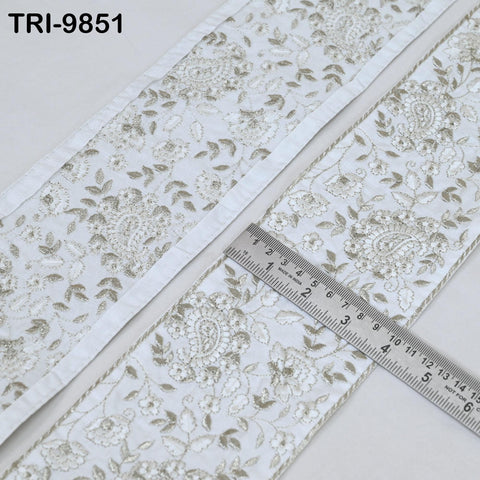 3 Yard White Embroidery Trim Indian Embroidered Ribbon Laces Embellishment Costumes Trimmings 10 cm Fabric Sari Border Crafting Saree Sewing