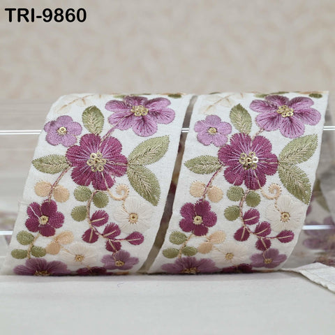 9 Yard Mauve Indian Embroidery Ribbons 5cm Trim Crafting, Sewing, Saree Border Embroidered Tote Bag Theatrical Costumes, Holiday Ornaments