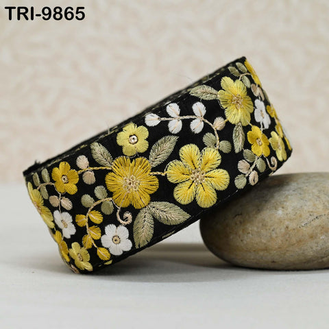 9 Yard Yellow Indian Embroidery Ribbons 5cm Trim Crafting, Sewing, Saree Border Embroidered Tote Bag Theatrical Costumes, Holiday Ornaments