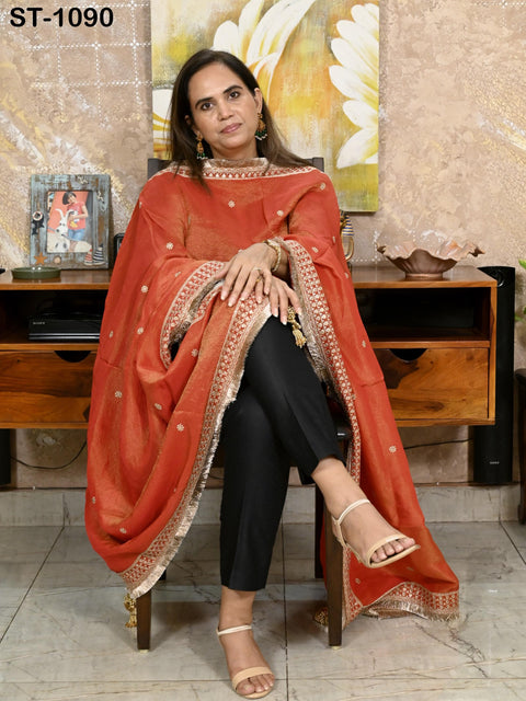 Red Zari Tissue Dupatta for Women, Bridal Wedding lehenga Heavy Chunni Veil Sequin Scarf, Indian Ethnic Dress Costume Bridesmaid's Gift