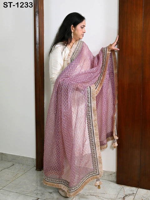 Mauve Organza Designer Dupatta for women, Bridal Wedding lehenga Chunni/Veil Beads Sequin Scarf Indian Ethnic Dress Stole Gift Bridesmaid