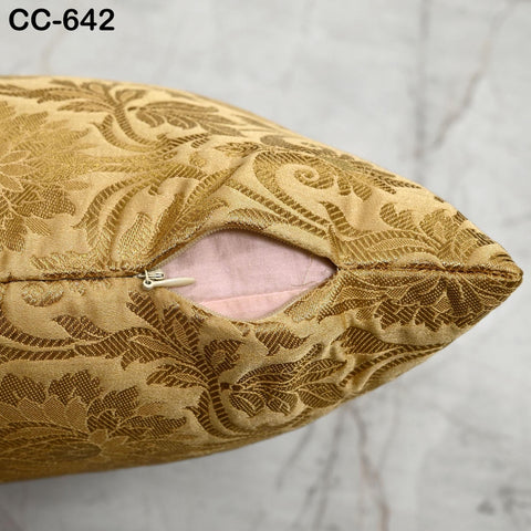 Gold Brocade Silk Cushion Cover: Indian Floral Pillow, Luxury Home Decor