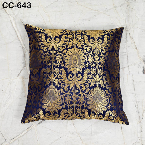 Blue & Gold Brocade Pillow Cover: Indian Silk Floral Cushion