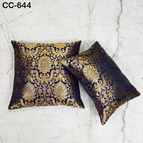 Blue Gold Brocade Pillow Cover: Indian Floral Silk Accent Pillow