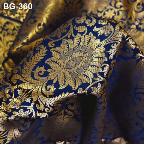 Blue Gold Brocade Pillow Cover: Indian Floral Silk Accent Pillow