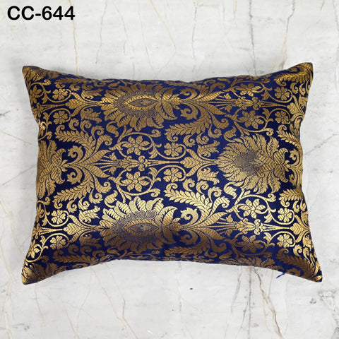 Blue Gold Brocade Pillow Cover: Indian Floral Silk Accent Pillow
