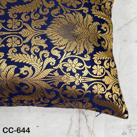 Blue Gold Brocade Pillow Cover: Indian Floral Silk Accent Pillow